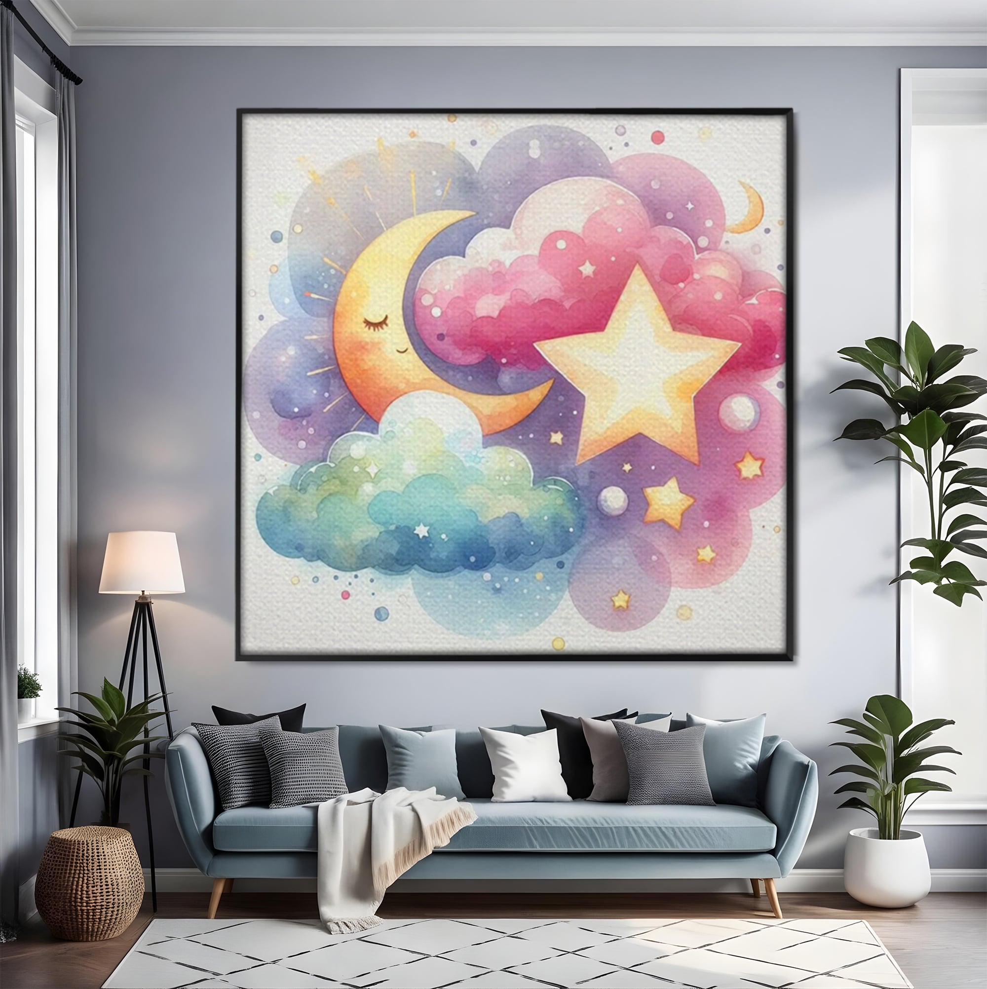 Tablou canvas cu ilustratie acuarela cu luna si stea, in rama de aluminiu negru, pe perete intr-un living